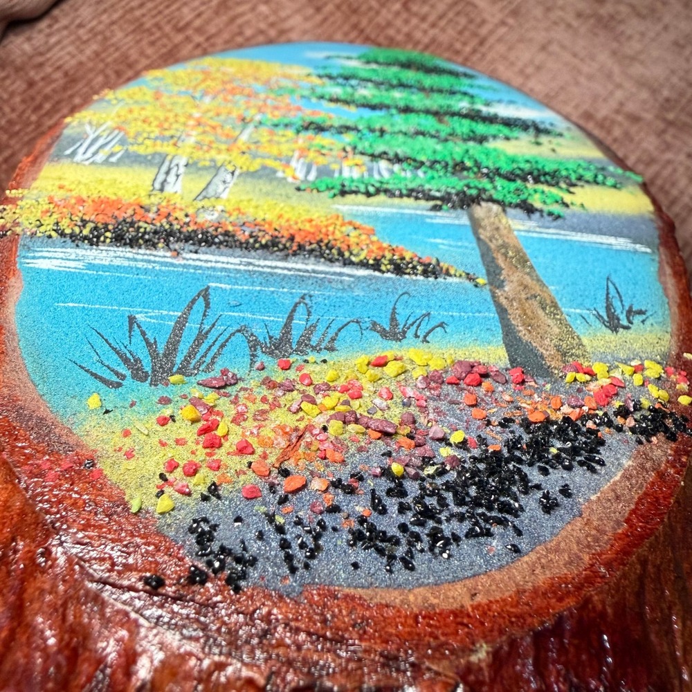 Vintage Hand Painted Live Edge Wood Slab Autumn Forest Lake Landscape Pebble Art - Picture 7 of 12